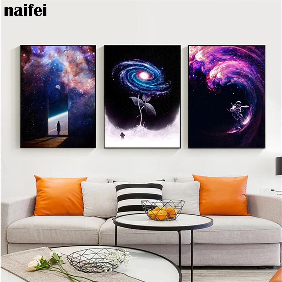 Funny Space Surfing Colorful diy diamond painting Stardusts Astronaut Wall Art Pictures full drill mosaic Home Living Room Decor