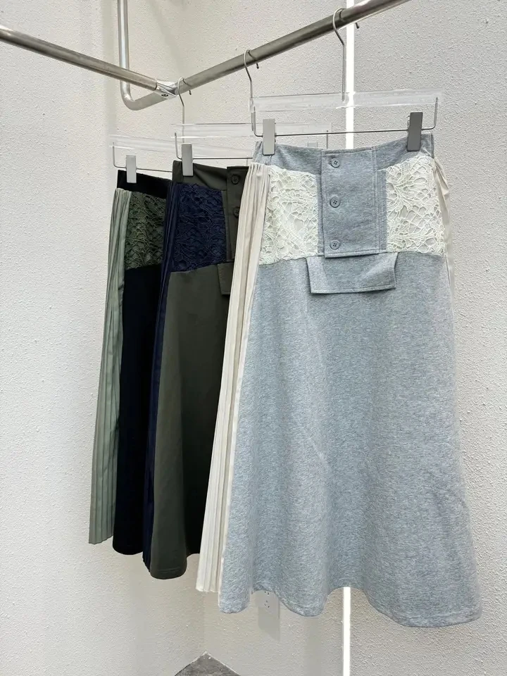 

2024 Summer Luxury Women Casual Lace Patchwork Chic Midi Skirt for Female 3 Color