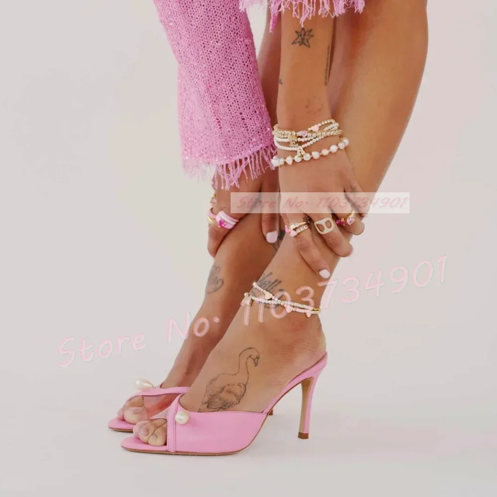 Pink Pvc Open Pointy Toe Mules With Pearl Women Elegant Party Fancy Sexy Dress Shoes Female Party Leather Splicing Slippers view 3