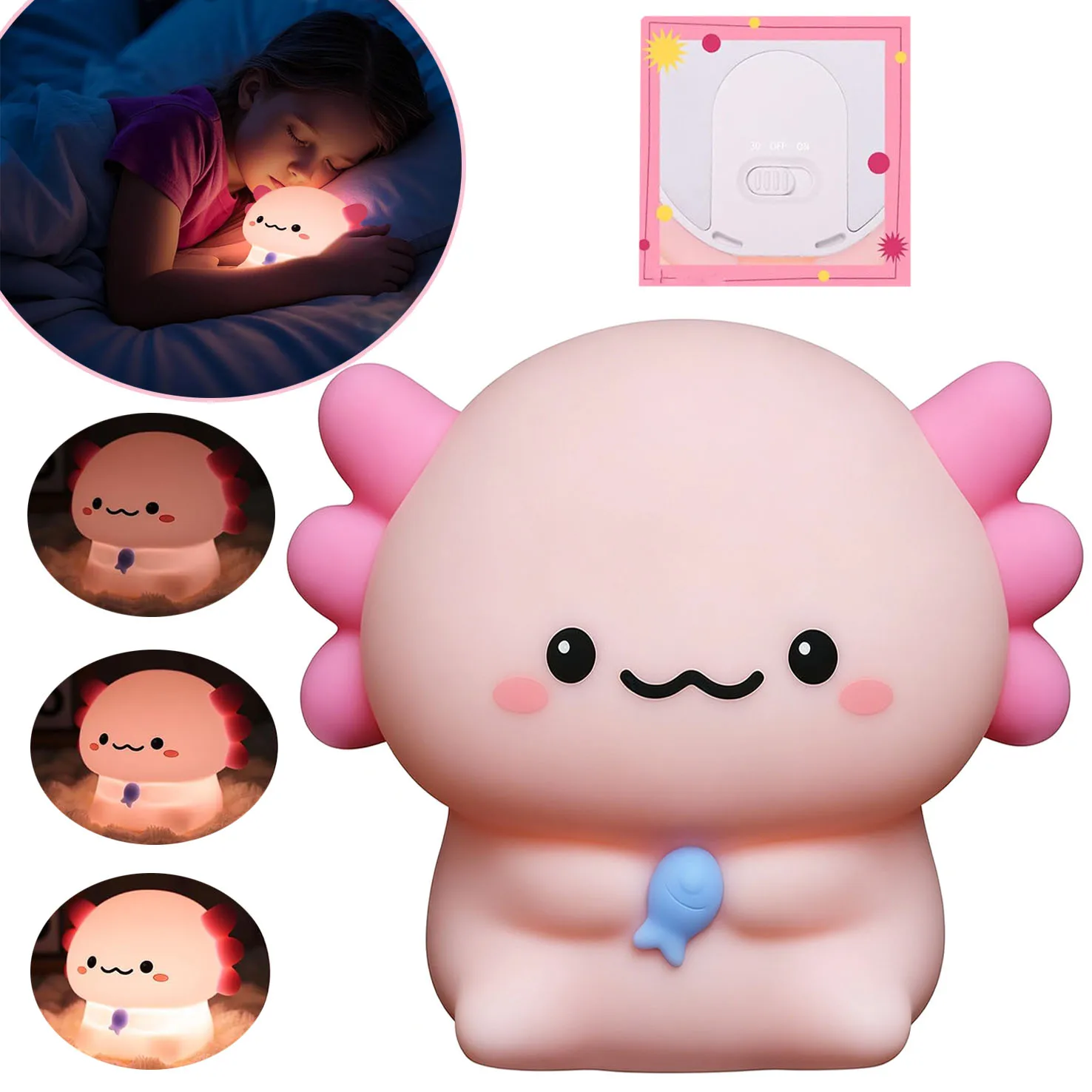 Lampada a forma di Axolotl rosa, luce notturna morbida in silicone di qualità alimentare per bambini, con 3 livelli di luminosità regolabili tramite tocco, timer di spegnimento automatico dopo 30
