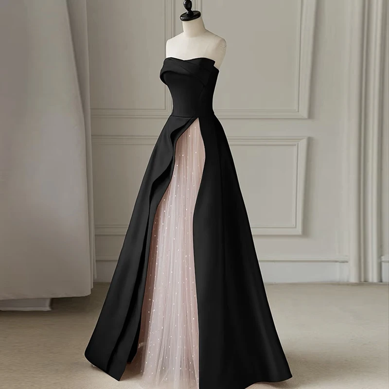 Black Tube Top Evening Dress High-End Niche Banquet Host Dress Art Exam Performance Dress Summer