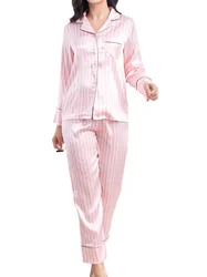 Pembe çizgili saten pijama setleri pijama pijama Pijamas gecelik Femme Lady Ensembles pijama pijama yaz Pj seti 2 parça