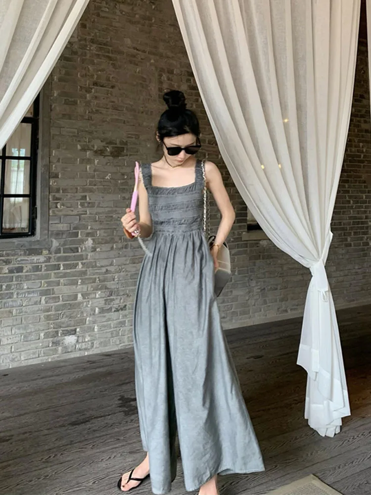 

Suspender Jumpsuit 2023 Summer Lmitation High Waist Elastic Ruffles Wide Leg Pants Full Length Jumpsui