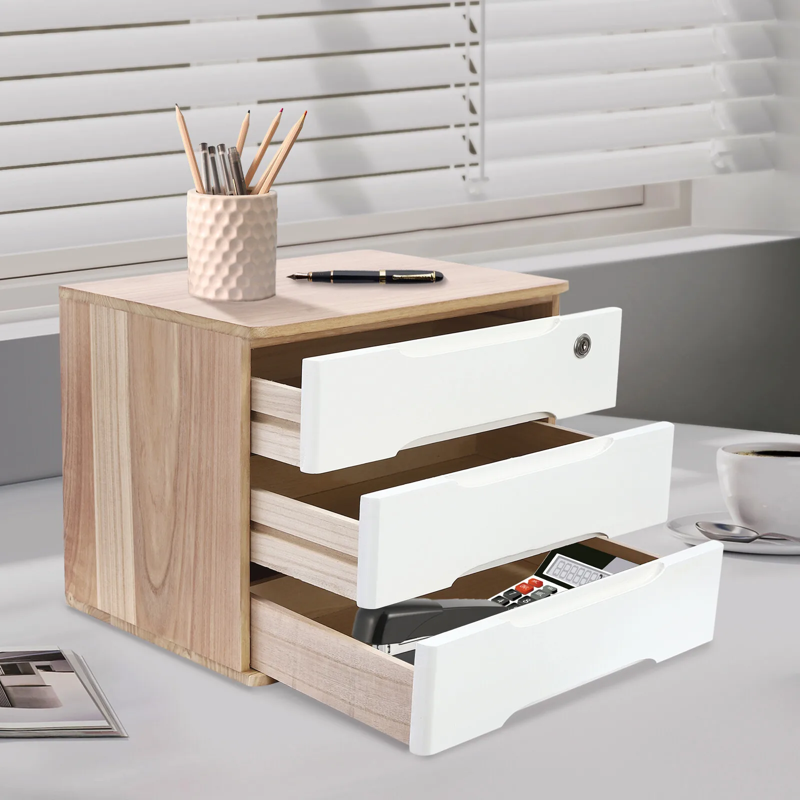 

Wooden Desktop Storage Box with Lockable Drawers Office Supplies File Organizer