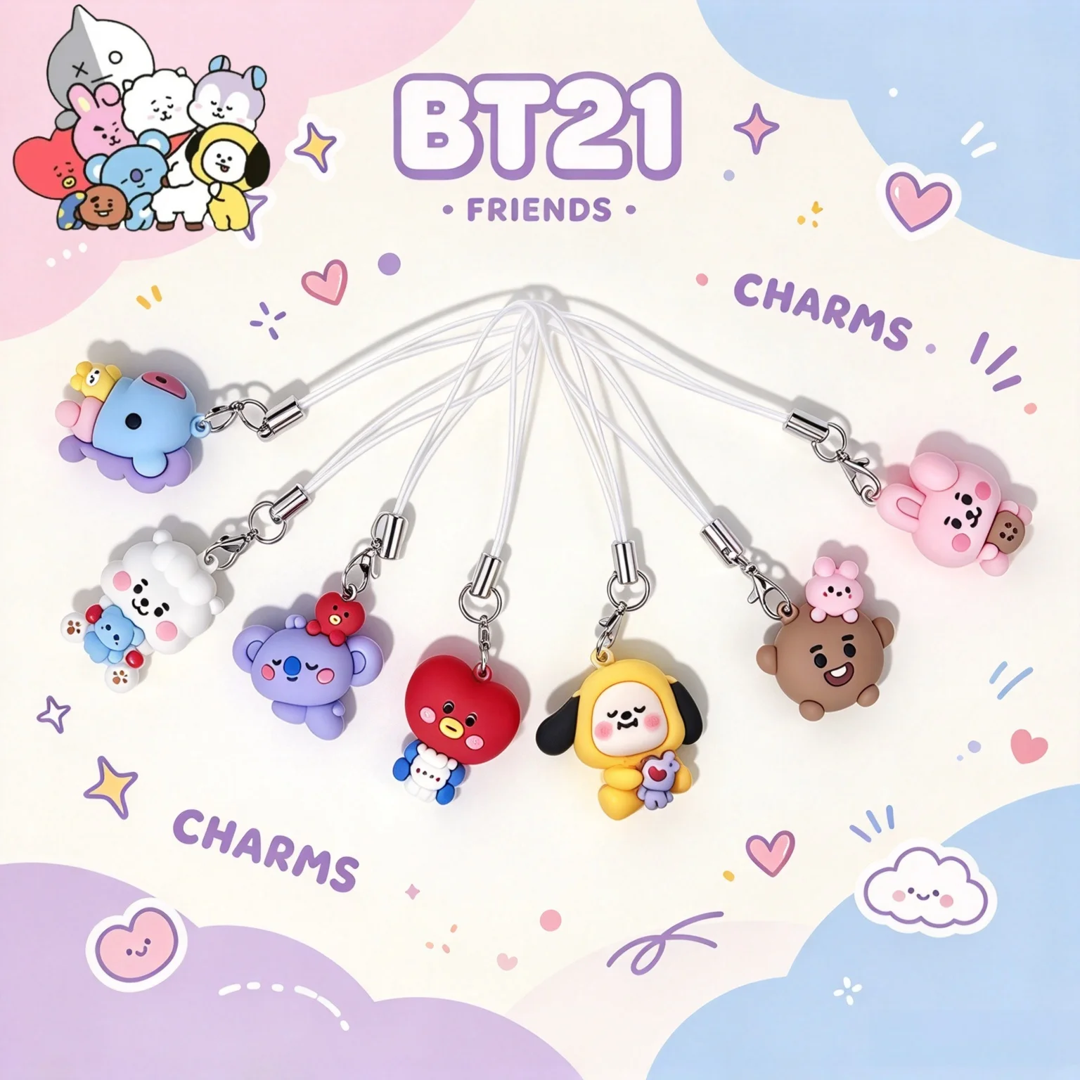 1-100PCS New Bt21 koya RJ Shooky Mang Cooky Chimmy Tata Keychain Colorful Cartoon Creative Car Schoolbag Phone Case Pendants