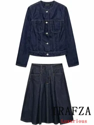 TRAFZA Casual Vintage Solid Denim Women Suit Single Breasted Loose Jackets Long Straight Ruffles Skirt Fashion 2024 Autumn Sets