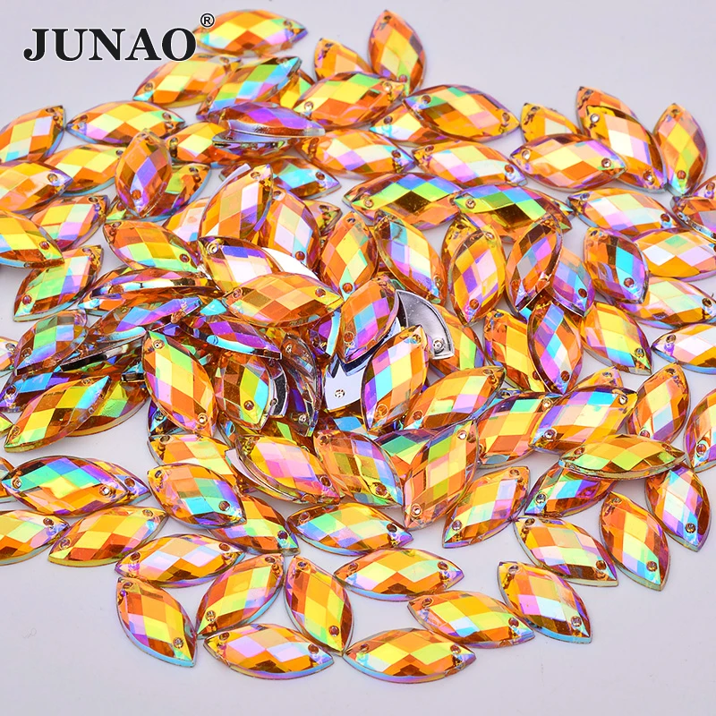 JUNAO 100Pcs 7*15mm Blue AB Crystals Sewing Horse Eye Rhinestones Applique Flat Back Acrylic Diamond For Clothing Accessories