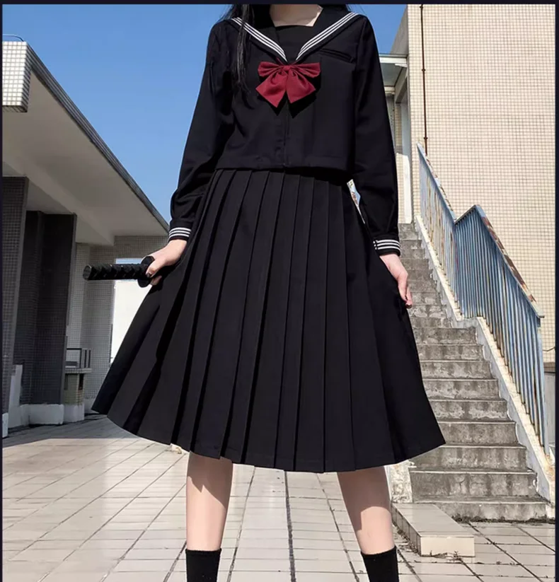 Conjunto de vestido de uniforme JK auténtico, traje medio de marinero básico negro de manga larga, estilo universitario