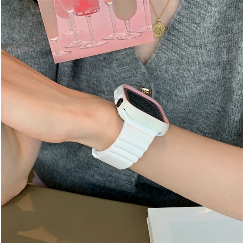 

Cute Pink White Case + Strap For Apple Watch 41mm 38mm 45mm 40mm 42 44mm Wave Soft Silicone Band For iwatch Series 7 SE 6 5 4 3