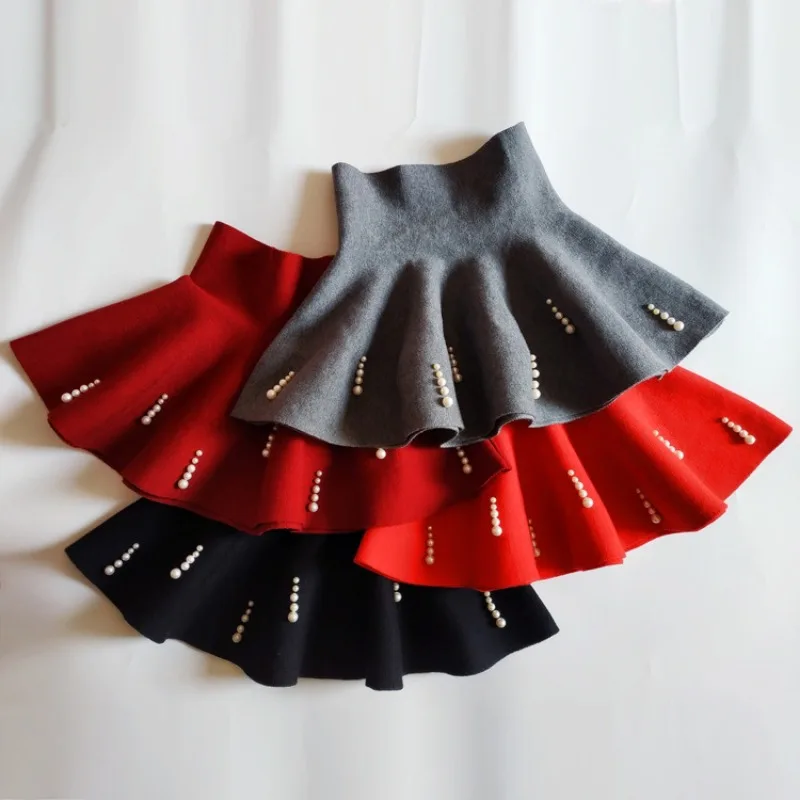 Toddler Baby Girls Pleated Tutu Skirts Children Pearls High Waist Knitted Skirt 2-10Years Kids Clothes Winter Autumn SK006