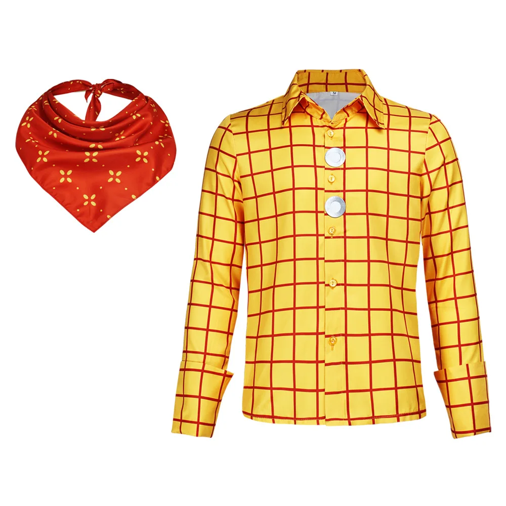 Woody Cosplay Shirt  Adult Yellow Checkered Shirt with Cowboy Vest & Bandana Halloween Costume