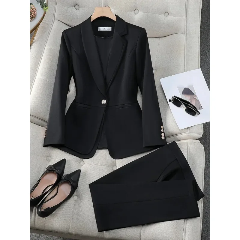 Blazer et pantalon imbibés pour femme, veste formelle, surintendant, ensemble 2 pièces, bleu ingent, noir, vêtements de travail pour femme, mode, automne, hiver