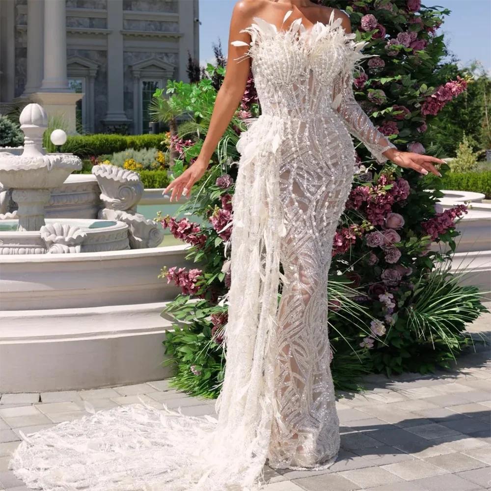 高級ストラップレスフェザーパールノースリーブフォーマルイブニングドレス誕生日パーティーウエディングドレスカスタマイズ