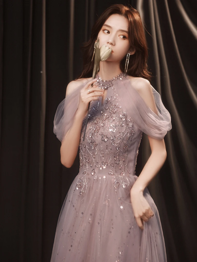 Robe de soirée élégante rose violet, Champagne, paillettes brillantes, col licou, épaules dénudées, ligne A, fermeture éclair appliquée, cérémonie de bal pour femme