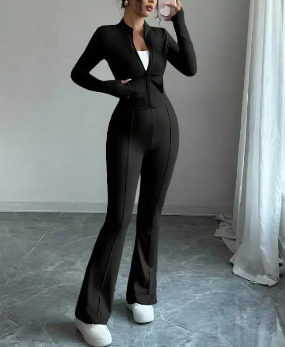 

Two Piece Set Women Outfit 2026 Spring Autumn New Slim Fit Zipper Stand Collar Long Sleeve Top & Casual Sports Flared Pants Set