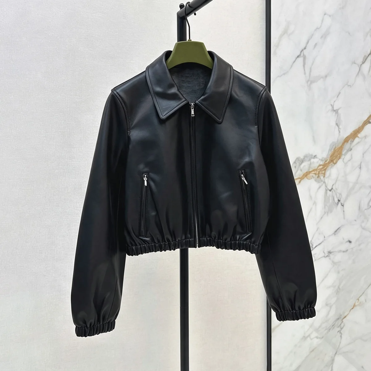 High Quality Women Solid Cropped Jacket Lapel Zipper Pocket Elastic Hem Long Sleeve Short Outerwear lyt2672684