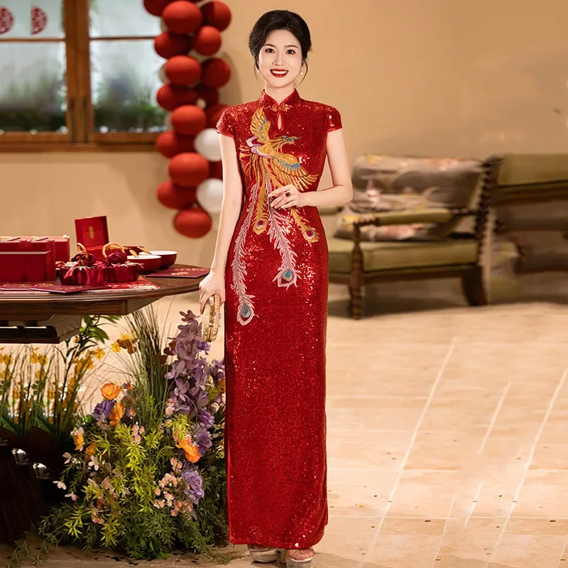 

Сияющее красное платье Cheongsam 232, весенне-летнее новое платье Ципао для мамы, сценического шоу