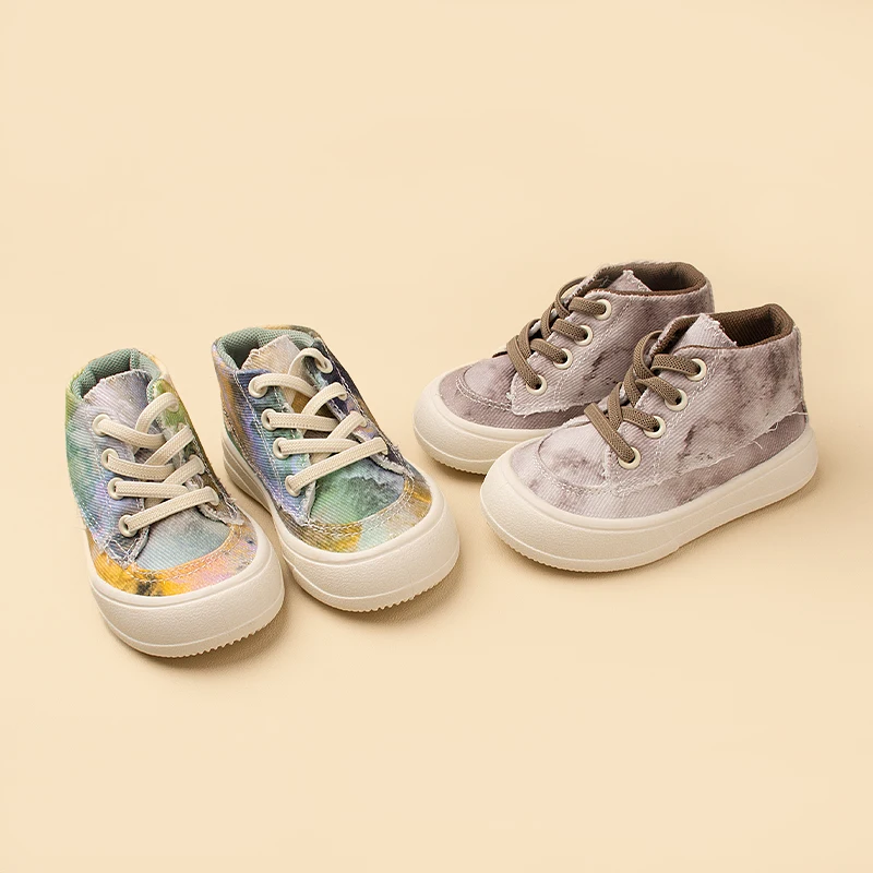 

Mid-top Tie-dye Canvas Kids Slip-on Shoes for Spring & Autumn, Injection Soft Sole, Elastic Band, Toddler & Little Kids Single