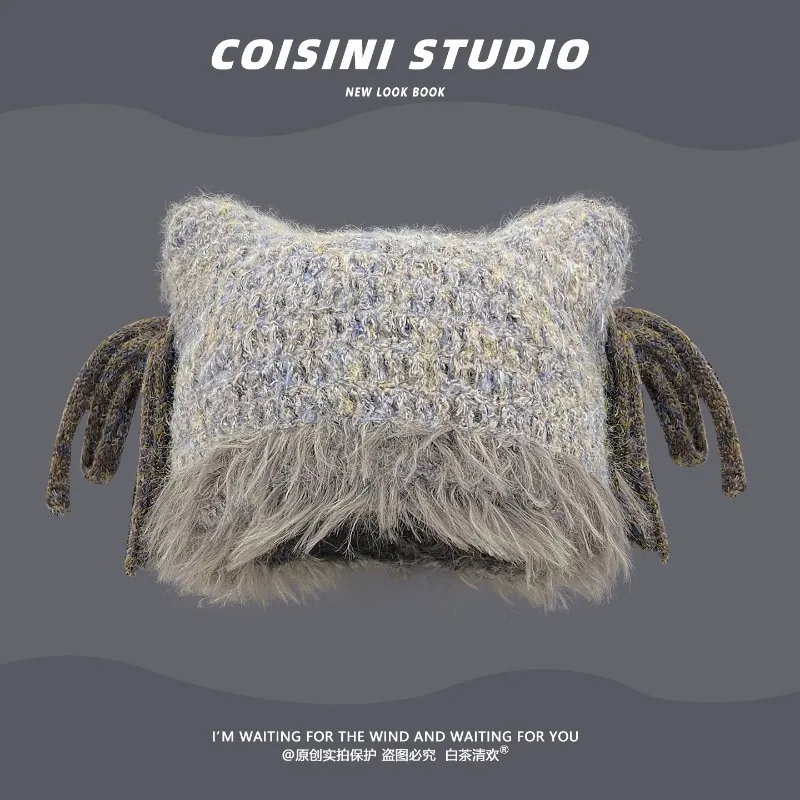 Koreanische süße Plüsch-Katzenohren-Mütze mit Schleife, Damen-Herbst- und Winter-Strickmütze, vielseitig einsetzbar, Ohrenschutz, Skull-Beanie-Mütze – Detail 3