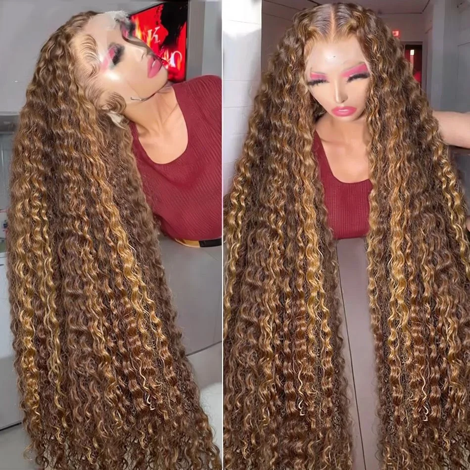13x6 하이라이트 인모 딥 웨이브 40인치 HD 레이스 프론트 인모 가발 200% 밀도 4/27 옴브레 브라운 블론드 레이스 프론트 가발