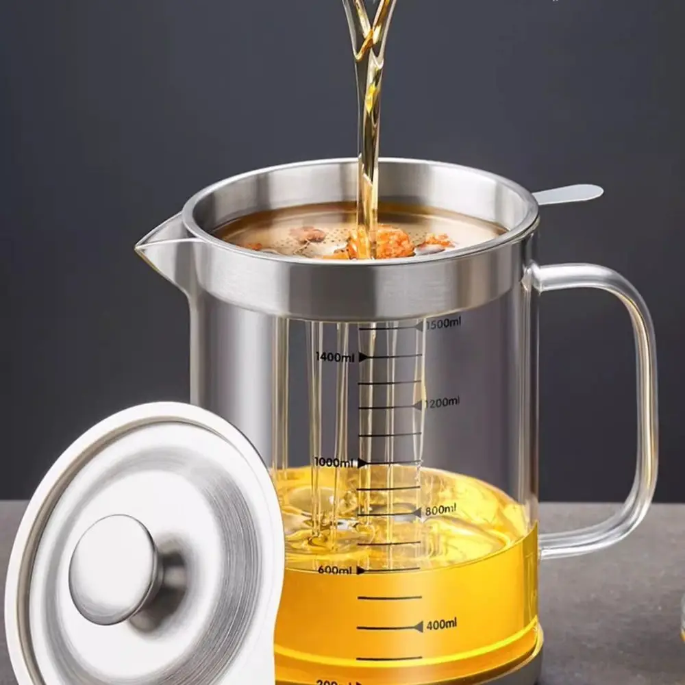 

1L/1.5L Capacity Glass Oil Filter Fine Mesh Heat-Resistant Kitchen Seasoning Tank Household with Scale
