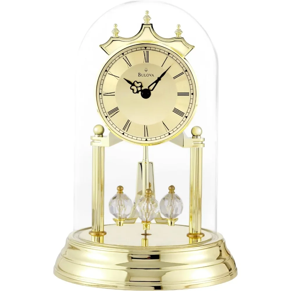 

Stepped Metal Base, Brass Finish, Polished Metal Dial with Crystalline Faceted Spun Finish Chapter Ring, Revolving Pendulum