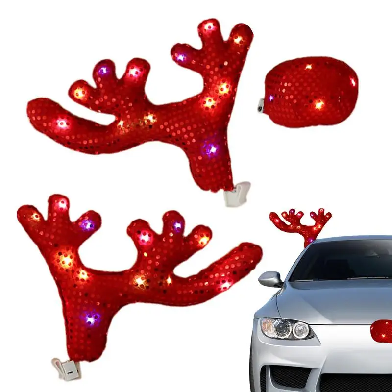 Christmas Reindeer Antlers For Truck Light Up Reindeer Antlers Nose Kit Car Costume Accessories Cute Vehicle Decorations For