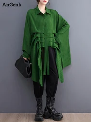 Green Vintage Irregular Oversized Shirt Women New Lapel Long Sleeve Loose Casual Blouse Top Fashion Clothing Spring Summer 2026