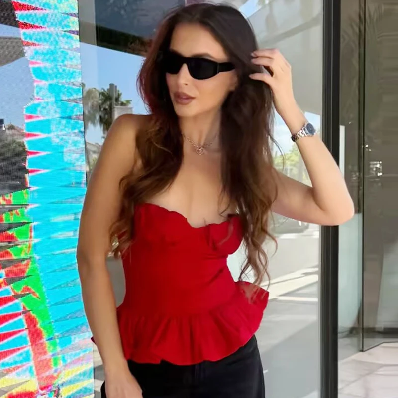 HXAO Halter Crop Top Damen Sommer 2026 Sexy Rotes Gerüschtes Camisole Bustier Ärmelloses Rückenfreies Top mit Trägern Streetwear Cami Top – Detail 7