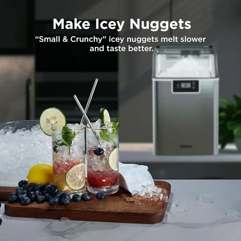 Silonn Compact Nugget Ice Maker, maszyna do produkcji granulatu do lodu z zegarem i funkcją samooczyszczania, przenośny blat do lodu