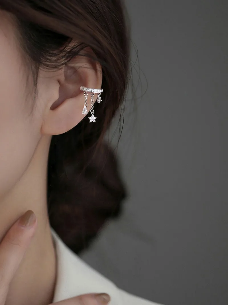VENTFILLE 925 Sterling Silver for Women Ear Sweet Tassel Star Water Droplet Zircon Ear Clip Versatile Jewelry Gift Dropshipping