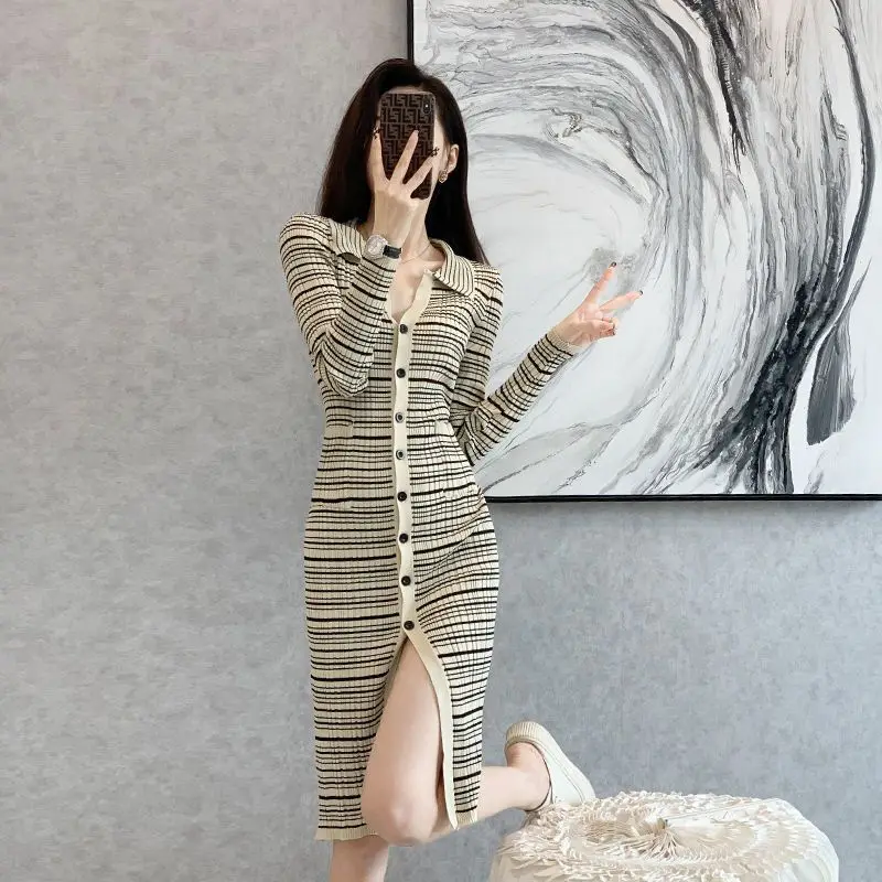Autumn Winter French Elegant Stretch Slim Knitted Pleated Dress Long Sleeve Single Breasted Thick Warm Sweater Midi Shirts CQ218
