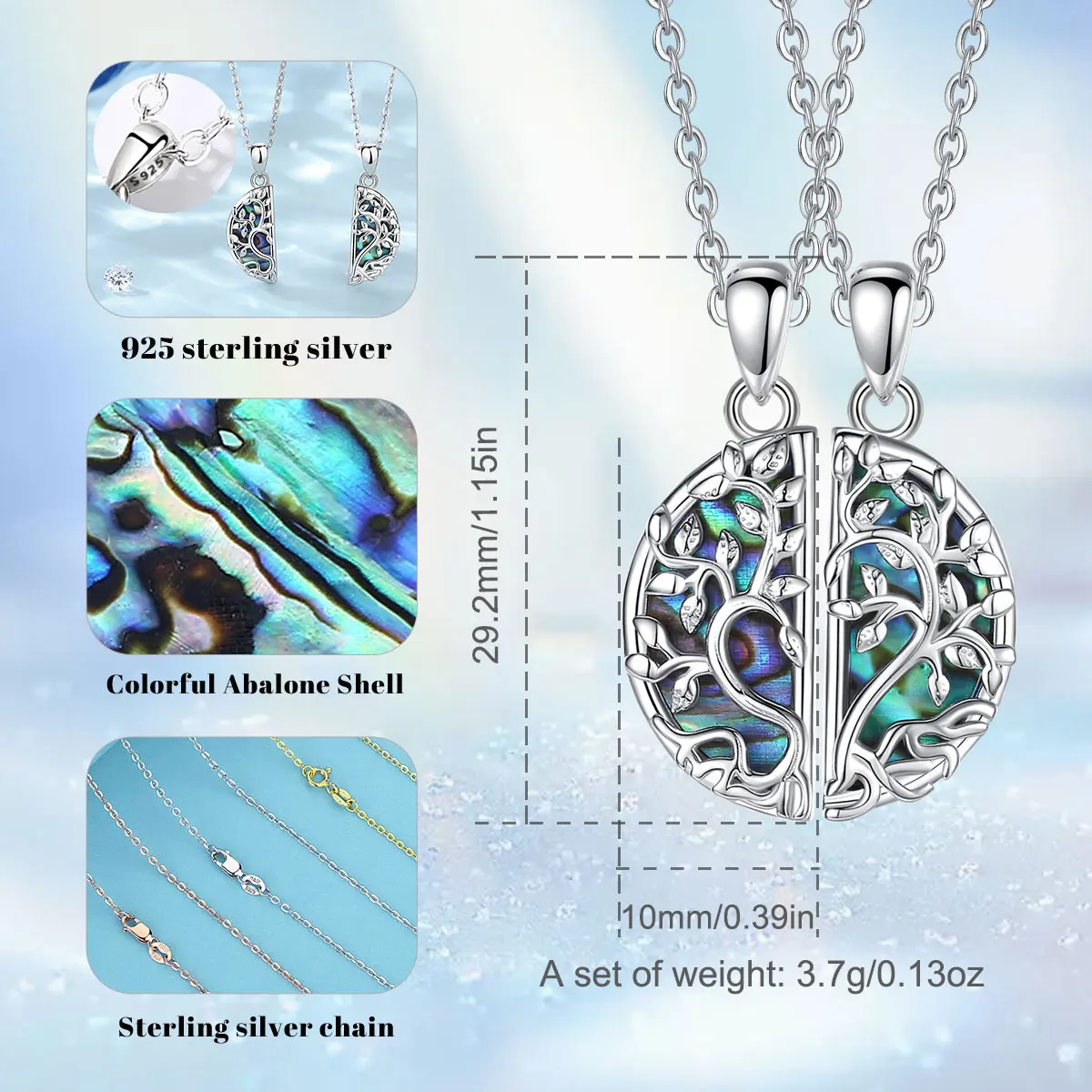 Eudora 925 Sterling Silver Tree of Life Best Friends Necklace Abalone Shell Pendant for 2 Pcs/ Set BFF Friendship Sister Jewelry