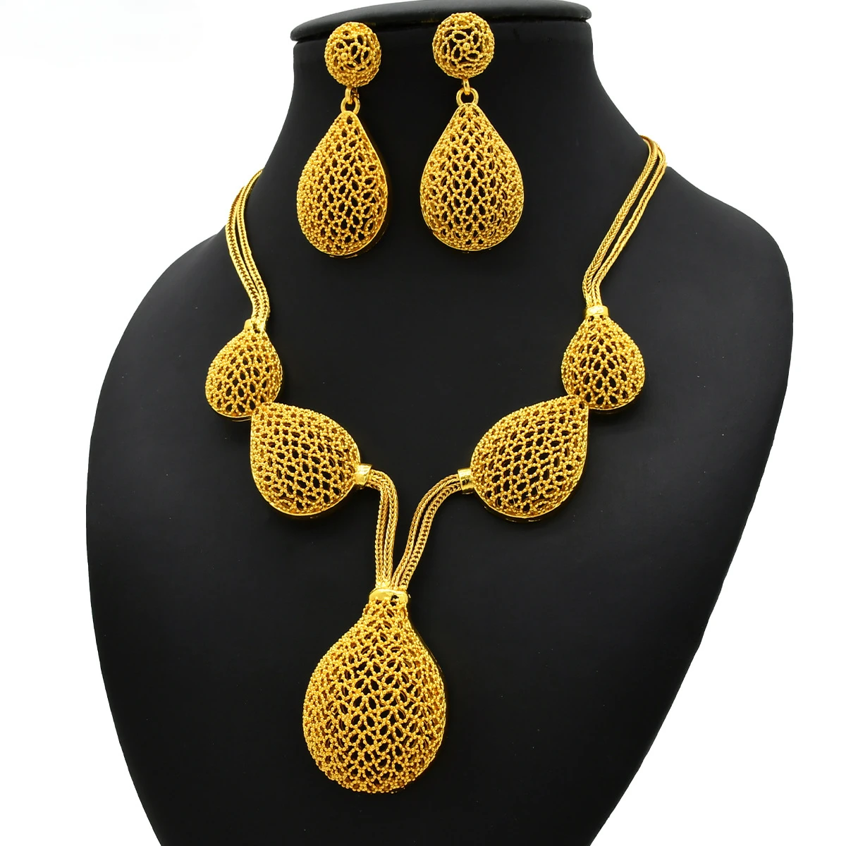 Carving Unique Patterns Women Jewelry Gold Color Jewelry Set Middle Eastern Bride Wedding Pendant Necklace Earring Two Piece Set