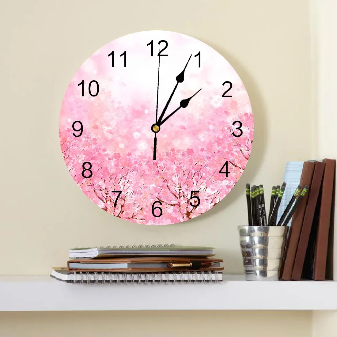 Japanese Style Cherry Blossoms Pink Decorative Round Wall Clock Custom Design Non Ticking Silent Bedrooms Large Wall Clock