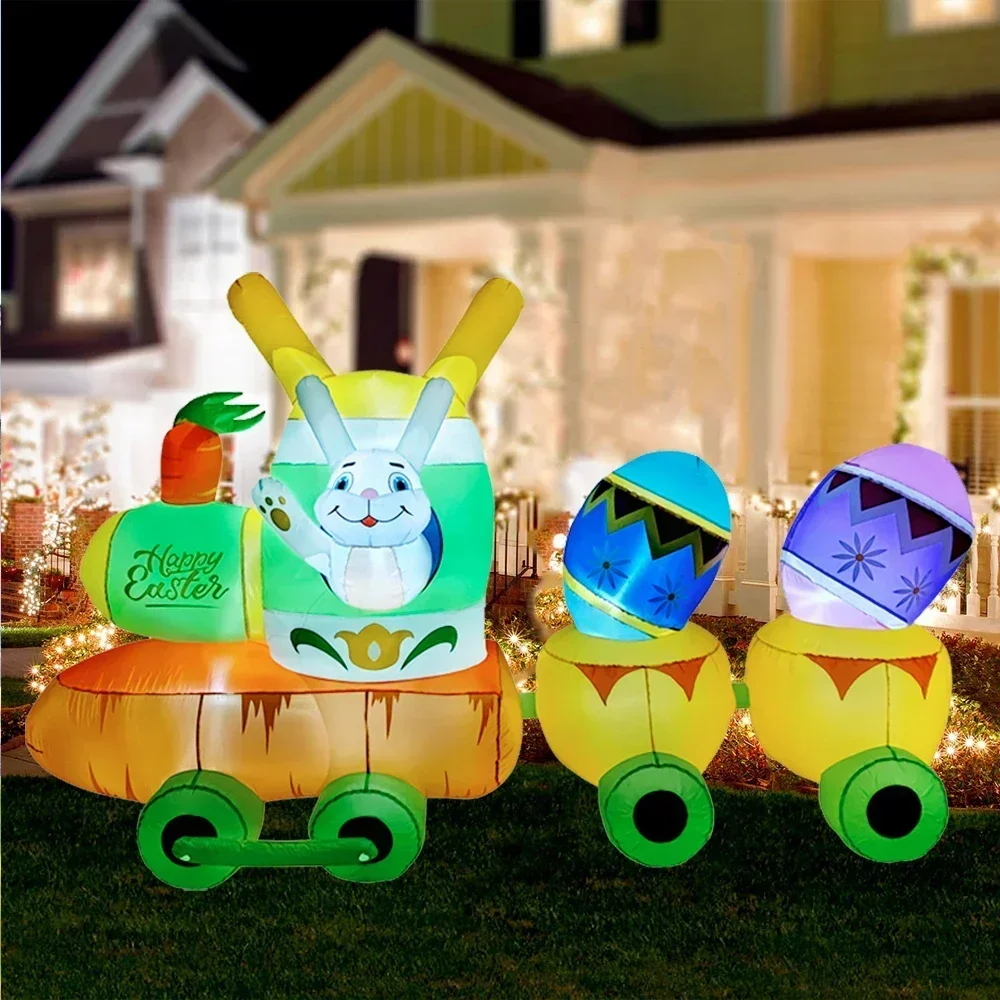 9ft Long Easter Inflatable Train Yard Decorations LED Lighted Inflatable Toy Bunny Carrot Train Outdoor Yard Lawn Holiday Decor