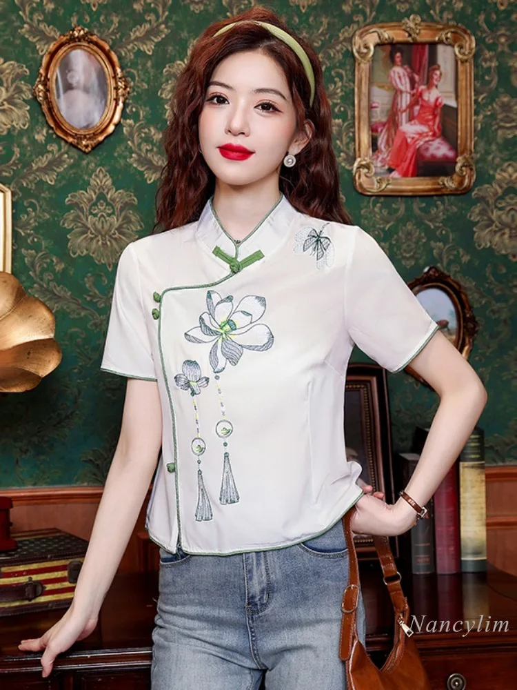 Summer Short-Sleeved Chiffon Shirt National Style Flower Top Women's Clothing 2024 New Design Sense Improved Cheongsam Blouse