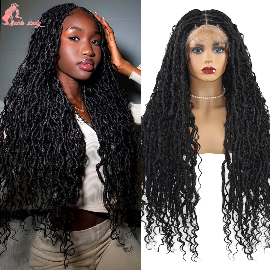 Long Dreadlocks Braided Wig Synthetic Knotless Box Full Lace Wigs Boho Braids With Curly Hair For Black Women Blonde Red Braids