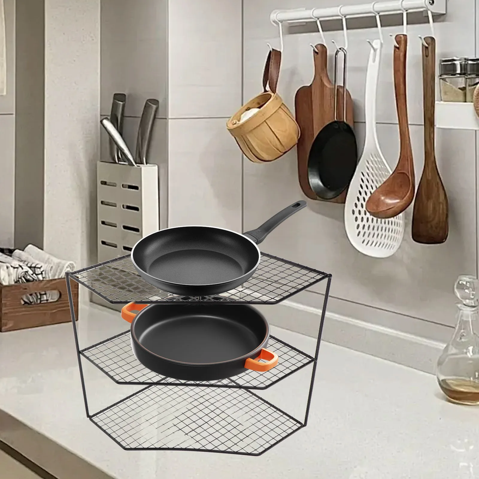 

3-Layer Pot Storage Rack Kitchen Countertop Corner Shelf Pan Organizer For Pots Steam Pots Household Pan Rack Drainage Shelf