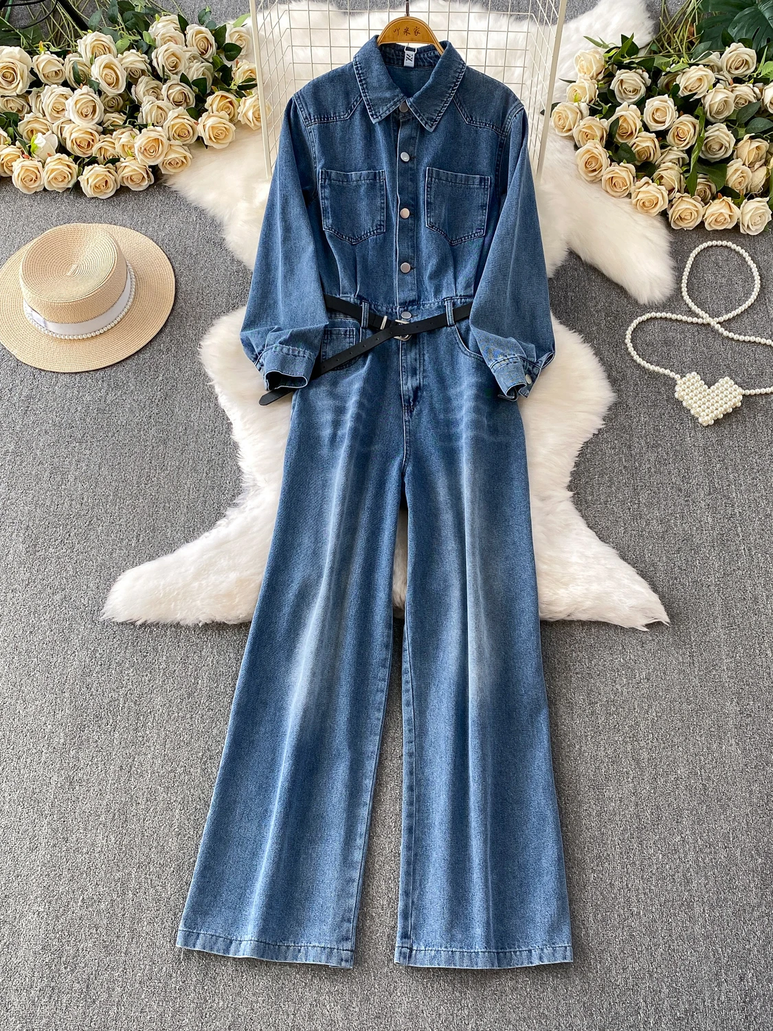 Waed Denim irt Dr Pants Women's Spring Autumn Single Button Slimming Wide Leg Long Pants High Waist Commute Sle