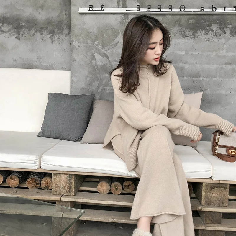 Autumn Winter 2 Piece Set Women Thick Knitted Warm O-Neck Knit Pullovers Long Sleeve Tops Side Slit Casual Warm Pant Sets
