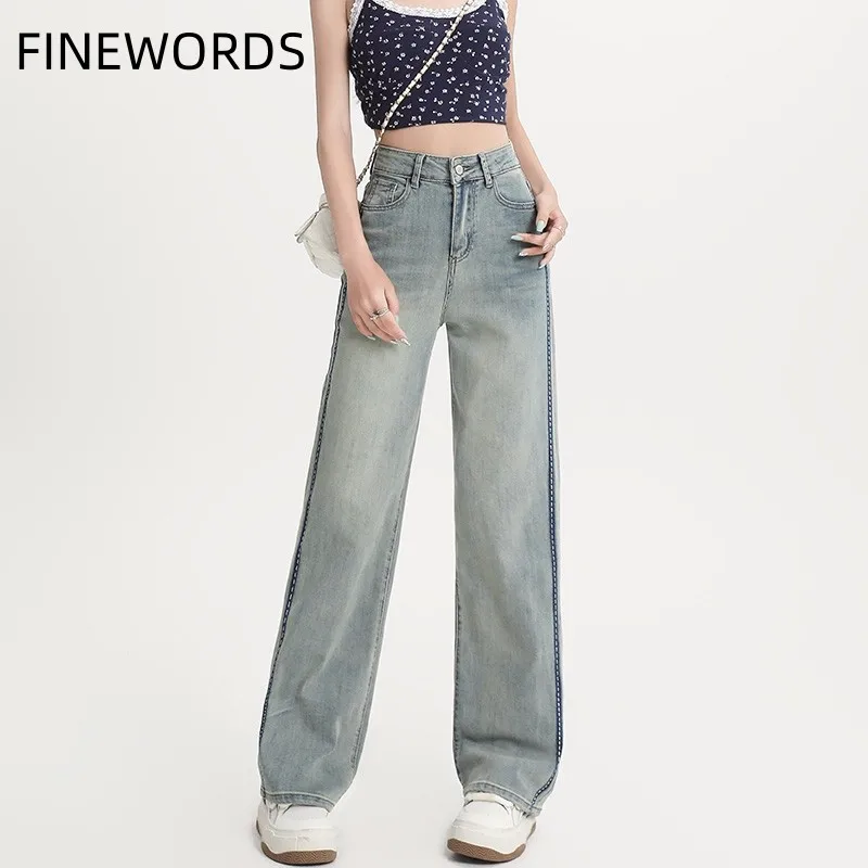 Finewords-Jeans Baggy de Cintura Alta Feminina, Streetwear Casual Coreano, Jeans de Perna Larga, Calças Punk Soltas Lavadas, Harajuku