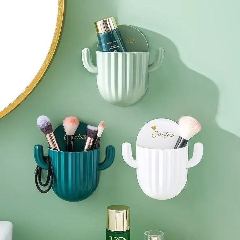 Self-Adhesive Cactus Toothbrush Holder - Waterproof ABS No Drill Bathroom Organizer Toothpaste Storage Rack