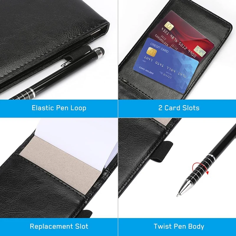 11 Pcs Mini Pocket Notepad Holder PU Leather Business Notebook Included 2 PCS Metal Pen 8 PCS Refillable Memo Book Black