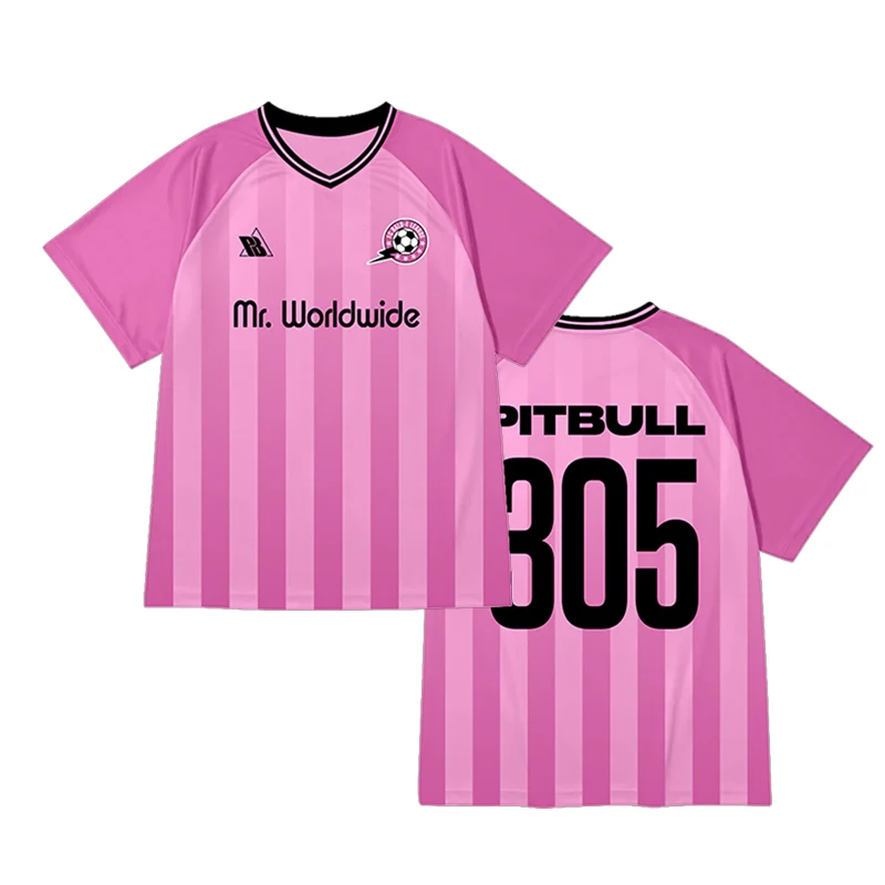 2026 Pitbull Mr. Worldwide 305 Pink Jersey Fashion Breathable V-neck Short sleeved Men's and Women's Top Large Size