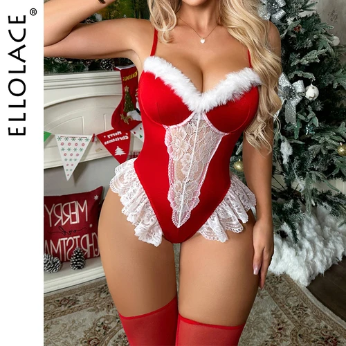 Ellolace-Body Sexy de Navidad con medias, bonito borde fibroso, empalme, cuerpo de fiesta, ropa femenina de felpa atractiva