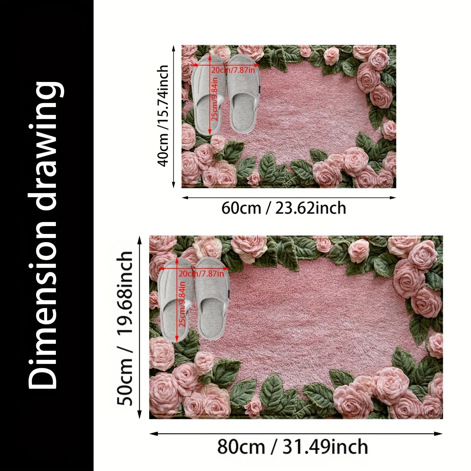 Imitation Cashmere Pink Rose Pattern Anti Slip Bath Mat, Ultra-Fine Fiber Machine Washable, Low Fleece Blanket, TPR Backing,