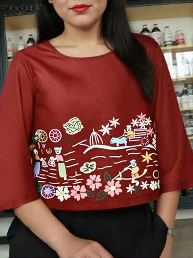

ZANZEA Vintage Floral Tops 3/4 Sleeve Blouse 2025 Elegant Ladies Blusas Women Casual O Neck Pullovers Loose Flare Sleeve Tunic