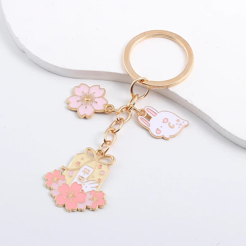 Pretty Enamel Keychains Lovely Protective Talisman Cherry Flowers Rabbit Animals Plants Key Rings For Women Men Handmade Jewelry