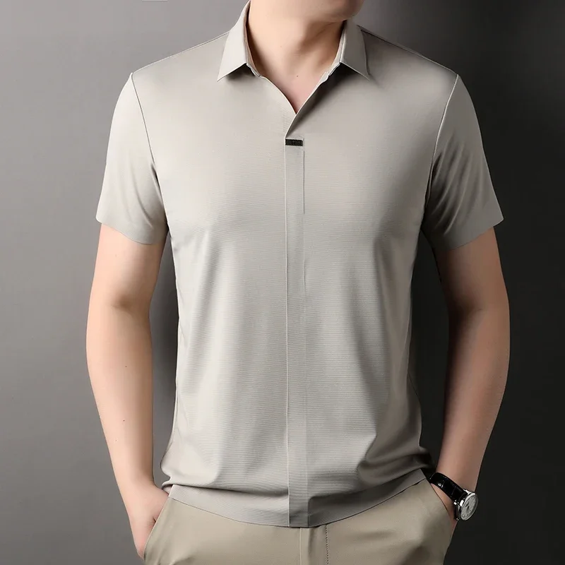 2024 Seamless Summer Men's T-shirts Luxury Short Sleeve Solid Color High Elasticity V Collar Casual Male T-shirts Man Tees